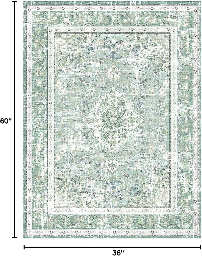 Vhong Boho Area Rugs Washable Vintage Modern Neutral Small Carpet Sage Green 3×5 High Traffic Rugs for Dinning Room Living Room Bedroom Farmhouse Non Slip