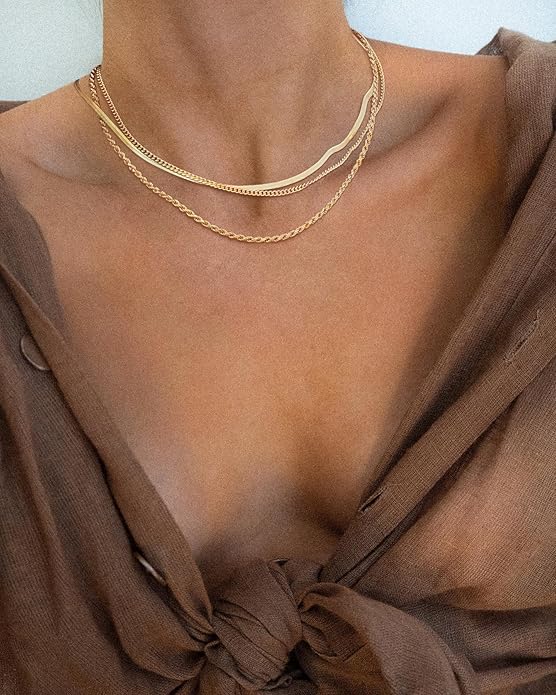 Freekiss Women's Layered Necklace Set - 3 Piece Dainty Gold Jewelry for Everyday Stacking | 14K Gold Plated Snake Chain, Rope Chain, Cuban Chain | Adjustable Length 14-18.5 Inch | Gift Ready