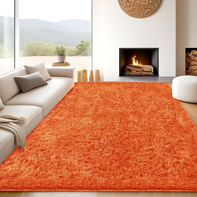 8x10 Orange Fluffy Shag Area Rugs for Living Room Bedroom Nursery | Ultra Soft Comfy, Large Fuzzy Shaggy Plush Carpet for Nursery Girls Teen Dorm, Modern Indoor Home Decor, Upgrade Non-Slip