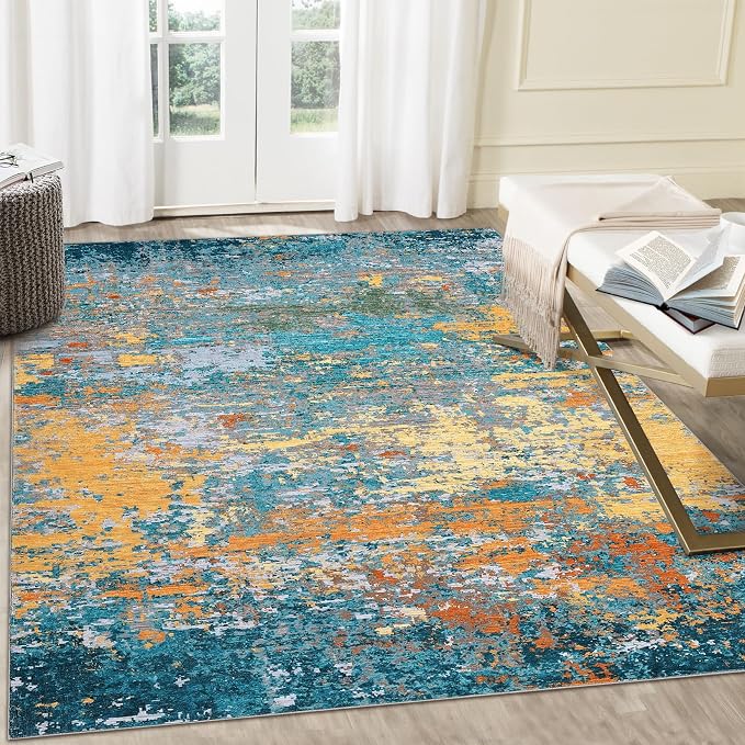 ROYHOME 9x12 Modern Abstract Accent Rug, Multi Color | Non Slip Stain Resistant Washable Throw Rug Low Pile Indoor Floor Cover for Living Room Bedroom Office Home Decor