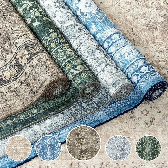 Lessymo Small Area Rugs 2x3 ft, Vintage Brown Machine Washable Rug for Entryway Kitchen Bathroom, Non Slip Low Pile Indoor Door Mat, Distressed Boho Floral Accent Carpet