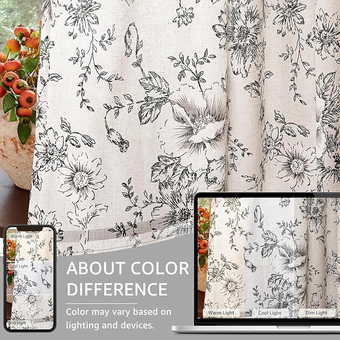 jinchan Black Floral Linen Curtains 102 Inch Farmhouse Back Tab 2 Panels | Light filtering drapes, semi sheer, farmhouse, cottagecore, rustic, living room, bedroom, rod pocket, window treatment
