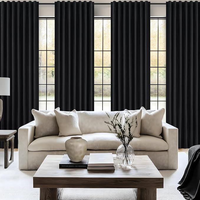 Black Blackout Curtains 92 Inches Long 2 Panel Set, Sun Blocking Curtain for Bedroom Modern Black Window Linen Drapes for Winter Thermal Insulated Pleated with Heading Tape Pin Hooks (W50"xL92")