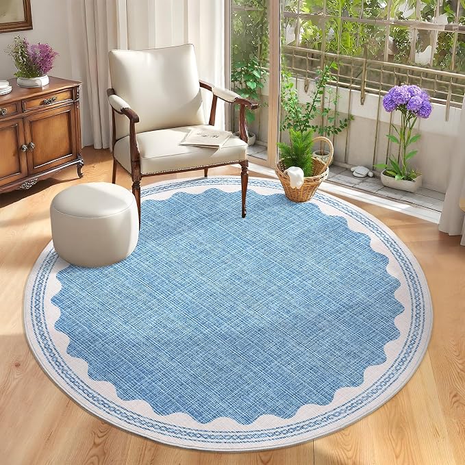 GarveeHome Scalloped Blue 6ft Round Rug Washable Non-Slip Soft Ultra-Thin Small Modern Cottage Core Solid Tan Circle Carpet for Kitchen Bedroom Nursery Dining Room