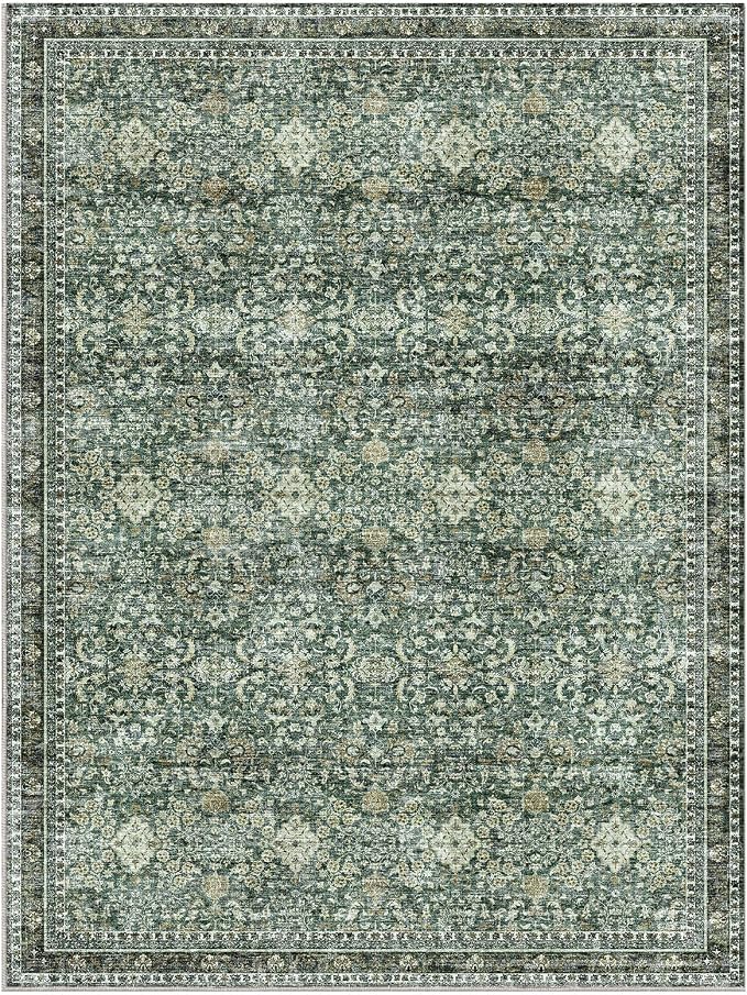 Sasttie 9x12 Area Rug, Ultra-Soft Washable Rug, Low Pile Foldable Thin Carpets with Non-Slip Backing, Skin-Friendly Stain Resistant Carpet for Living Room, Bedroom, Kitchen, Dorm, 9x12, Dark Green