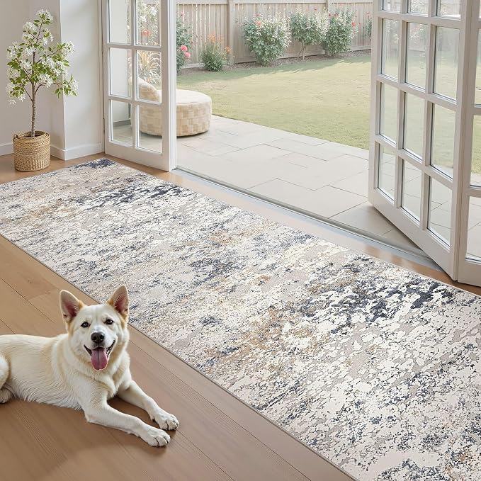 DMOYEST Washable Runner Rug for Hallway: 3x12 Neutral Modern Abstract Low Pile Area Rug with Non-Slip Backing - Carpet for Bedroom Kitchen Laundry Entryway Bathroom Indoor -Beige Blue