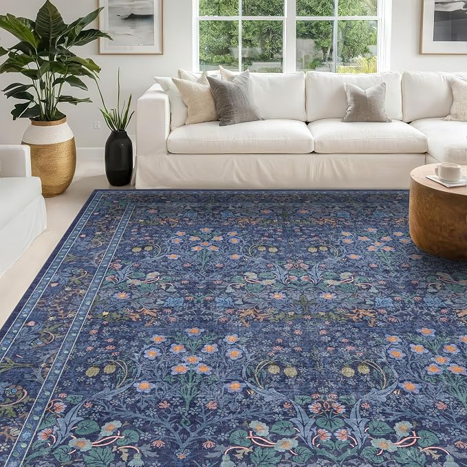 Dining Room Rugs for Under Table - 6x8 Washable Dark Blue Oriental Area Rug for Living Room, Low Pile Non-Slip Floor Carpet for Bedroom - Vintage Design & Stain Resistance (6x8 Navy Blue)