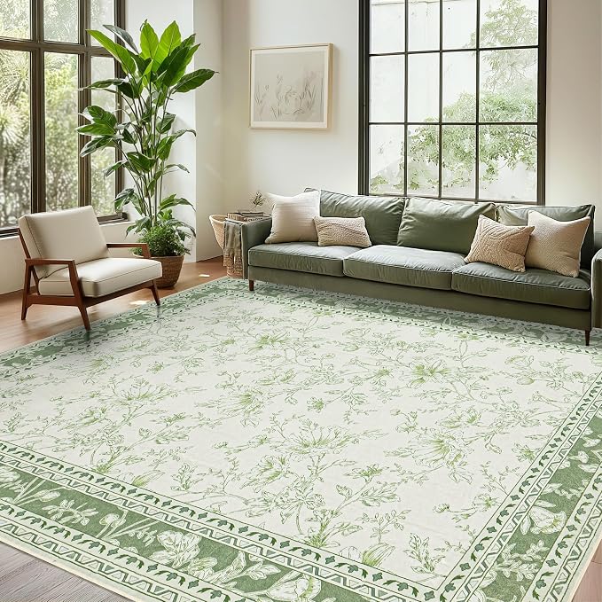 Sage Green Rugs for Bedroom 7x9 Area Rug for Living Room Machine Washable Light Green Cream Beige Printed Non-Slip Vintage Floral Distressed Indoor Boho Farmhouse Carpet for Dining Room Nursery