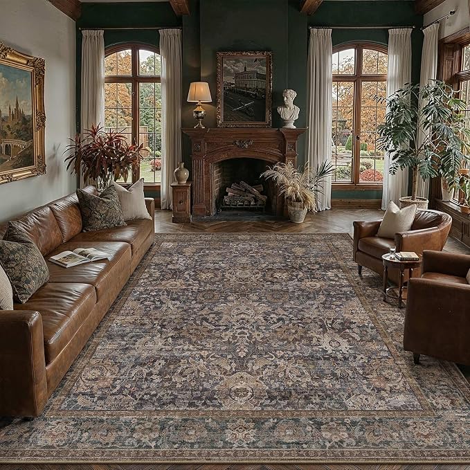 HUGEAR Area Rugs 8x10 Blue Brown Washable Rug for Living Room Bedroom Large Neutral Vintage Rug Carpet Distressed Soft Durable Non Slip No Shedding for Indoor Dining Nursery Farmhouse