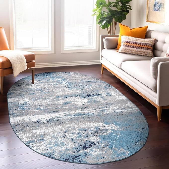 Rugshop Watercolor Distressed Modern Bohemian Oval Rug Blue 5' x 7'