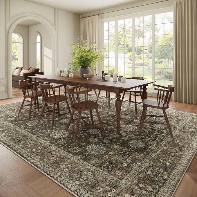 Boho Washable 10x14 Area Rugs for Living Room, Cushioned, Tan/Flaxen | Vintage Non-slip Neutral Oriental Rugs for Bedroom Dining Room Nursery Office High Traffic Area