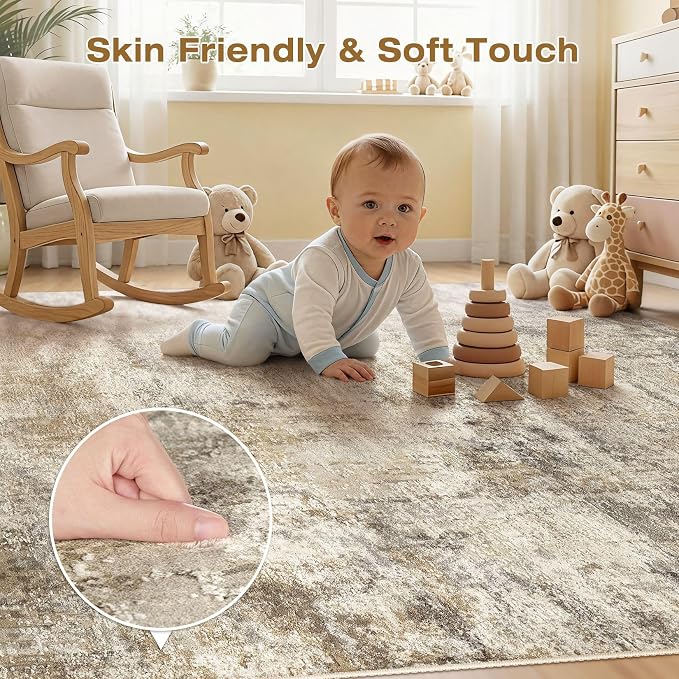 cotiled 5x7 Area Rugs Abstract Soft Non Slip Washable Living Room Rug | Stain Resistant, Robot Vacuum & Pet Friendly, Low-pile, For Living Room, Bedroom, Dining Table, Nursery Brown