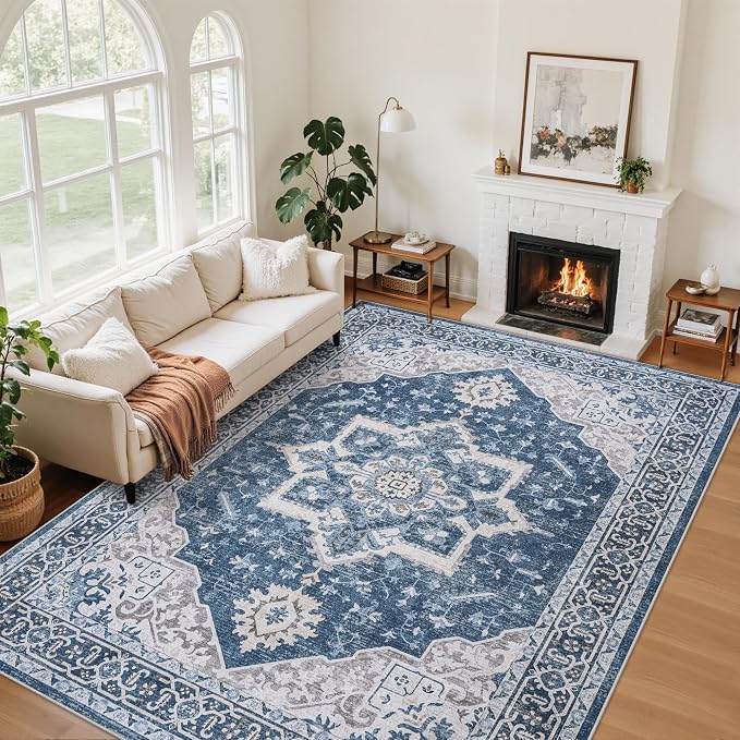 6x9 Area Rugs for Living Room:Blue Washable Vintage Medallion Boho Rug Non-Slip No Slip Stain Resistant Soft Low Pile Large Rugs Indoor Retro Carpet for Bedroom Nursery Dining Office (Blue 6'x9')