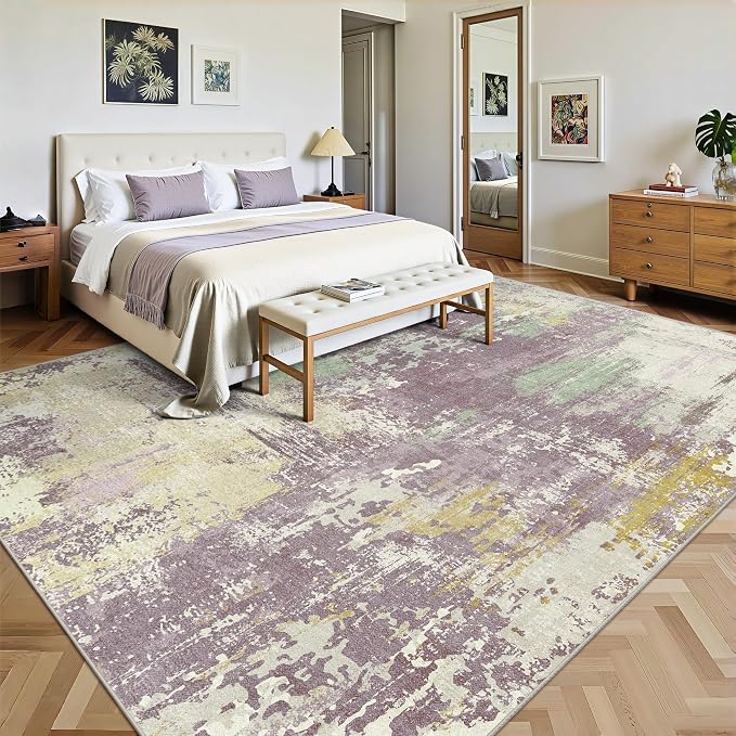 8x10 Rugs for Living Room - Modern Abstract Washable Rug, Ultra Soft Non Slip Low Pile Large Rugs, Floor Carpet for Bedroom Dining Room Office Laundry Nursery Home（Violet Color）