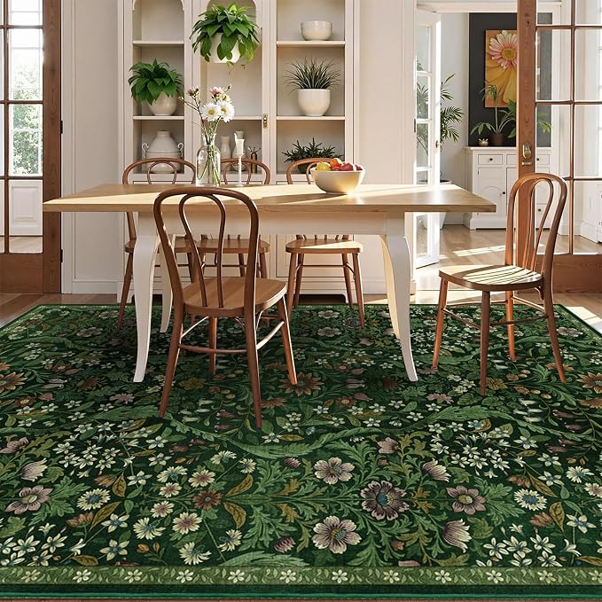 Floral Washable 6x9 Area Rug，Dark Green Boho Rugs for Living Room, Soft Low-Pile Non-Slip Stain Resistant & Non-Shedding Carpet for Bedroom, Dining Room, Office, Entryway, Nursery