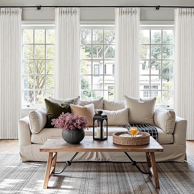 Extra Long Pinch Pleated Linen Curtains 120 Inches Long for Living Room Natural Cream Ivory Beige Light Filtering Pinch Pleat Curtain for Big Large Windows Back Tab Back Tab with Hooks Clip Rings Set
