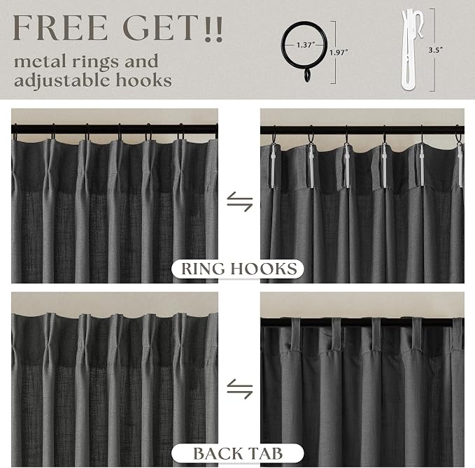 Dark Grey 80 Inch Pinch Pleated Linen Semi Sheer Curtains 2 Panel Set | for Living Room Dining Bedroom Office, Thick Linen Textured, Light Filtering, Pinch Pleat Drapes with Back Tab, Charcoal Gray