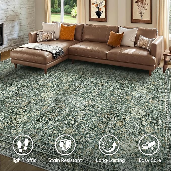 Sasttie 6x9 Area Rugs, Ultra-Soft Washable Rug, Low Pile Foldable Thin Carpets with Non-Slip Backing, Skin-Friendly Stain Resistant Carpet for Living Room, Bedroom, Kitchen, Dorm, 6x9, Dark Green
