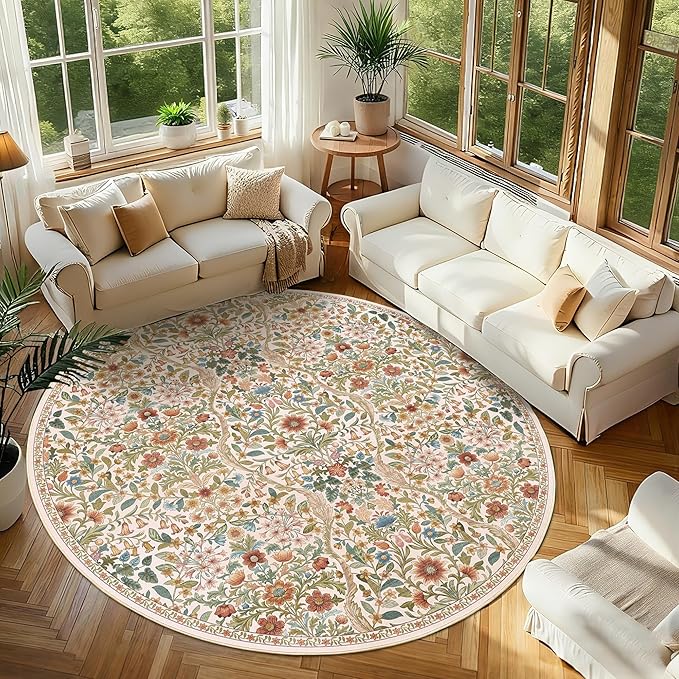 Round Rug 8ft Beige Washable Floral Circle Rug,Vintage Boho Botanical Round Area Rugs, Non-Slip Soft Low-Pile Circular Carpet for Bedroom,Kids Room,College Dorm,Home Decor
