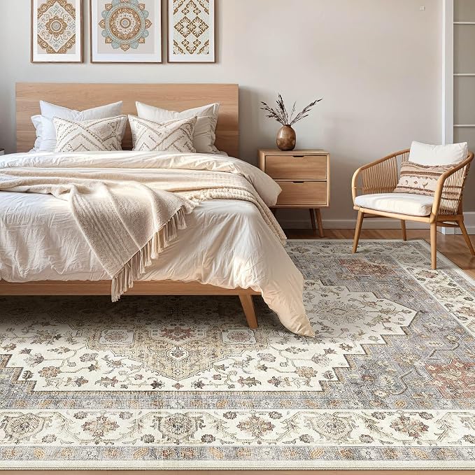 7x10 Area Rug Living Room: Washable Boho Large Neutral Vintage Soft Rugs Stain Resistant Farmhouse Non-Slip Indoor Floor Carpet for Bedroom Nursery Kids Playroom Office Dining Room- Orange Beige