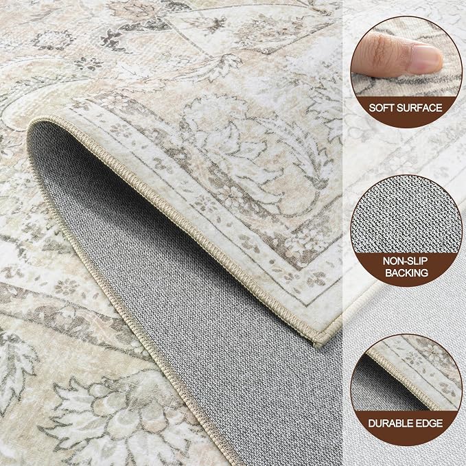 5x7 Area Rugs for Living Room:Beige Washable Vintage Medallion Carpet Non-Slip Soft Low Pile Large Rugs Indoor Retro Rug for Bedroom Nursery Dining Table Office Home(Beige White, 5'x7')