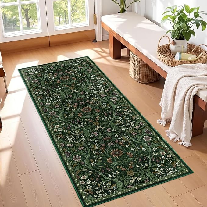2x5 Washable Runner Rug,Dark Green Floral Boho Area Rug for Hallway,Low-Pile Non-Slip Stain Resistant Carpet for Kitchen, Bedside,Laundry Room,Entryway