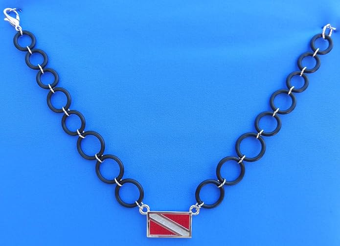 Dive Flag Anklet or Bracelet - Tarnish-Free Rhodium-Plated Bronze or Brass, with Inlay of Simulated Red Coral and Mother-of-Pearl Chips, with O-Ring "Chain" (7", 8" or 9") (9)