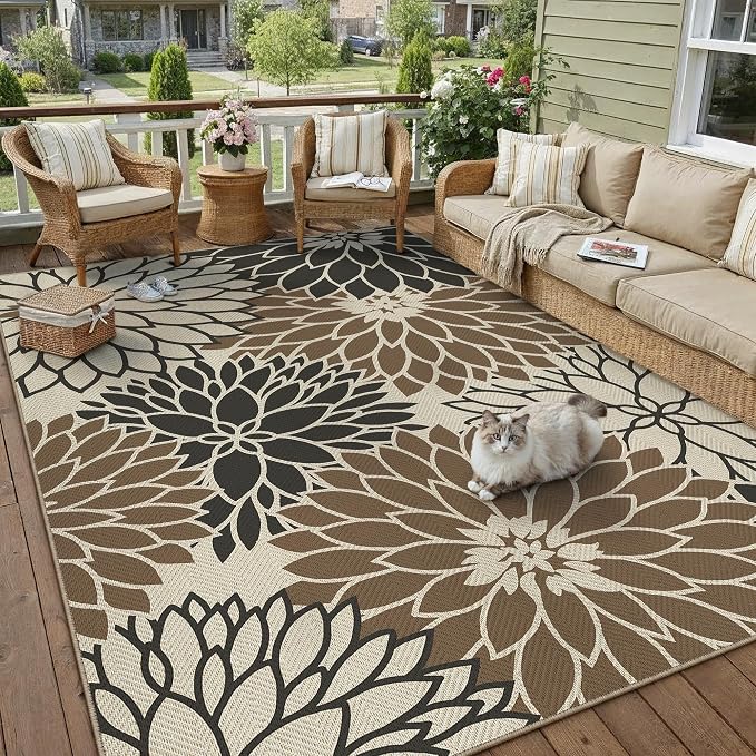 HUGEAR 5'x7' Waterproof Floral Outdoor Rug Patio Linen-Look Black Brown Floor Mat for Camping RV Outside Area Rug Deck Porch Balcony Backyard Picnic Beach Carpet Decor