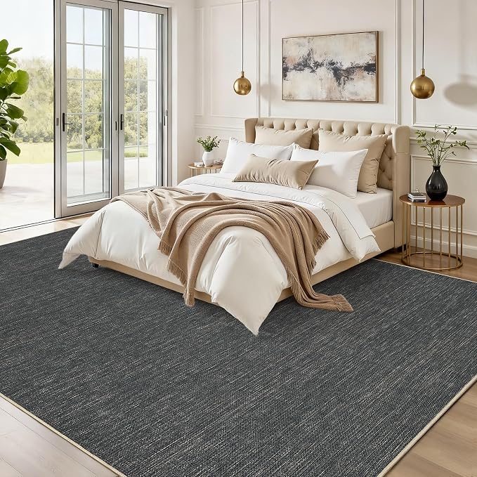 GarveeHome 9x12 Large Area Rug for Living Room Easy Jute Modern Rugs | Non Slip Low Pile Neutral Bordered Solid Tan Dining Room Rugs Washable Carpet for Bedroom Home Office Decor, Grey