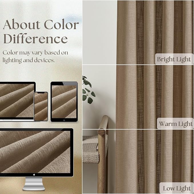 Pinch Pleated Linen Curtains 94 Inches Long for Living Room 2 Panel Set Light Filtering Pinch Pleat Hooks Rings Back Tab Neutral Boho Farmhouse 94 Inch Drapes for Bedroom Window Light Brown Latte