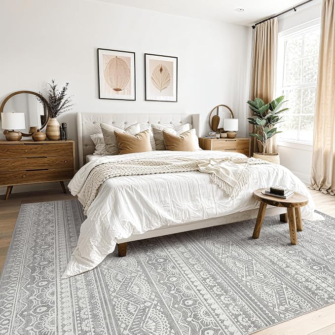 Tortania Area Rug Living Room Rugs - 9x12 Washable Large Soft Neutral Boho Moroccan Bohemian Farmhouse Rug Indoor Floor Carpet for Bedroom Under Dining Table Home Office Decor - Neutral Grey