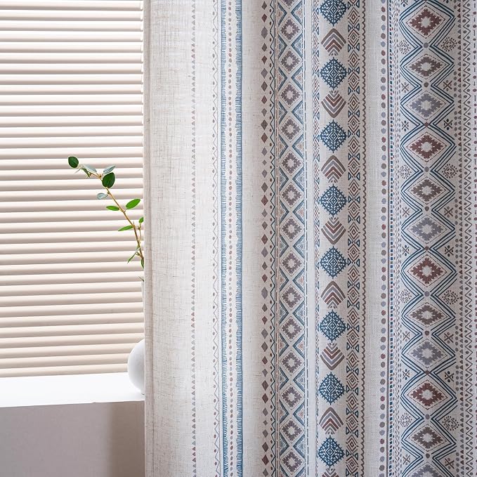 MYSKY HOME Curtains 84 inches Long for Living Room Boho Linen Sheer Drapes Geometric Farmhouse Decor Light Filtering Privacy Protect Soft Touch Treatment Back Tab for Home, 50" Wide, Khaki, 2 Panels