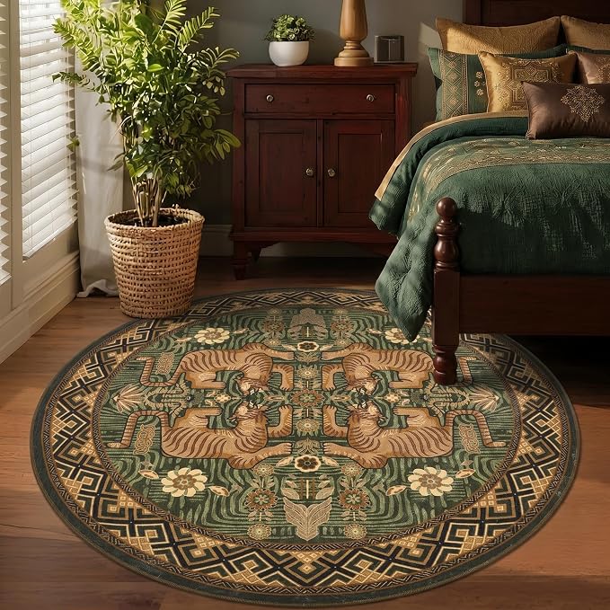 GarveeHome Tiger Round Area Rugs, 4ft Boho Green Animal Print Bedroom Circle Rugs Non Slip, Washable Vintage Tribal Floor Carpet for Dining Room Entryway Nursery Playroom Office