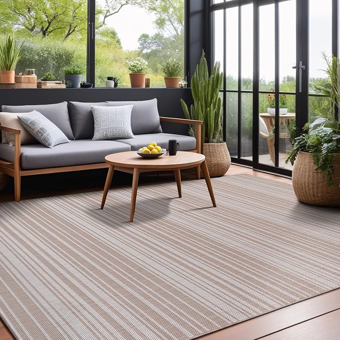 Luul Home Stripe Outdoor Rug 5x7 Washable Outside Carpet for Indoor Patio Porch Waterproof Easy Cleaning Non Shedding Area Rugs Beige 5 x 7