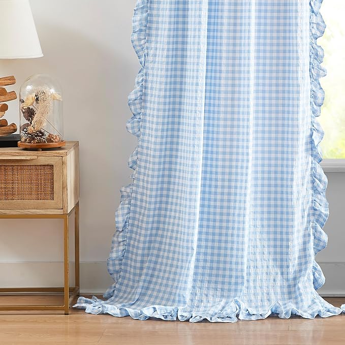 ZJDECOR 72 Inch Baby Blue Buffalo Plaid Ruffle Window Curtains Rod Pocket | Crinkled Not-See-Through Sheer Cortinas,45% Cotton,55% Poly,Farmhouse Window Treatment,Bedroom Living Room,40"Wx72"Lx2