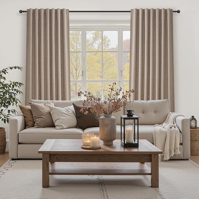 QJmydeco Dark Flax Black Out 96 Inch Long Boho Curtains 2 Panel Set, Farmhouse Curtain for Living Room Darkening/Thermal/Noise Reduction Textured Linen Drape 8ft Hook&Ring Included Chocolate 50"x96"