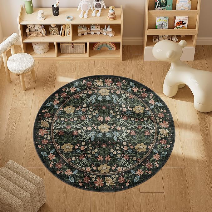 DUKINO 4ft Round Rug, Washable Vintage Floral Area Rug for Bedroom, Black | Non Slip Low Pile Stain Resistant, Aesthetic Lightweight Soft Small Circle Carpet for Living Room Kitchen Entryway Farmhouse