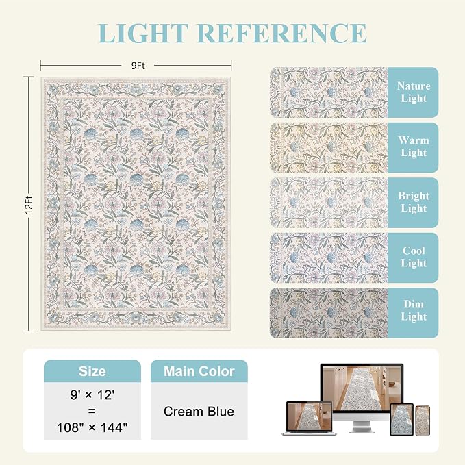 DUKINO 9x12 Area Rug for Living Room Vintage Floral Washable Rug Cream Blue | Non Slip, Low Pile, Non-Shedding, Stain Resistant, Aesthetic Soft Indoor Large Carpet for Bedroom Dining Room Farmhouse