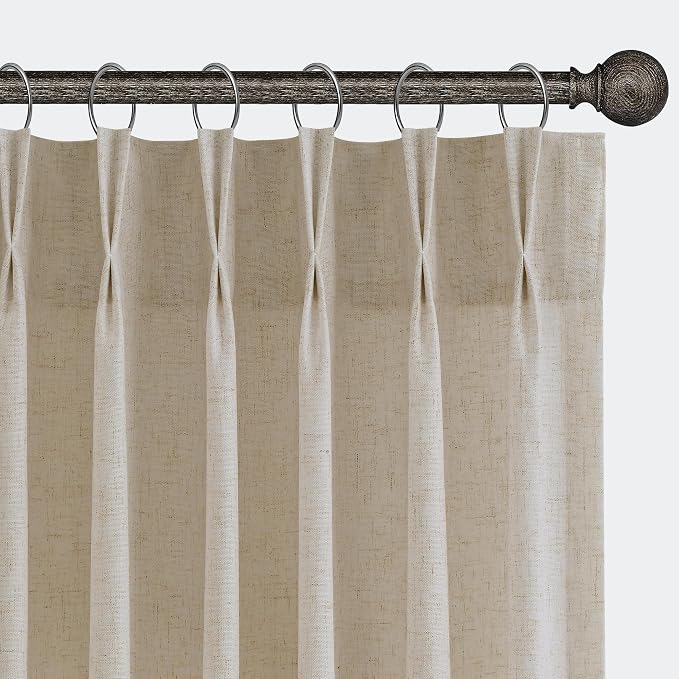 Warm Beige Pinch Pleated Linen Curtains 90 Inches Long 2 Panels for Living Room Semi Sheer Modern Aesthetic Privacy Drapes Light Filtering Window Treatments with Rod Pocket Back Tab for Bedroom 40x90