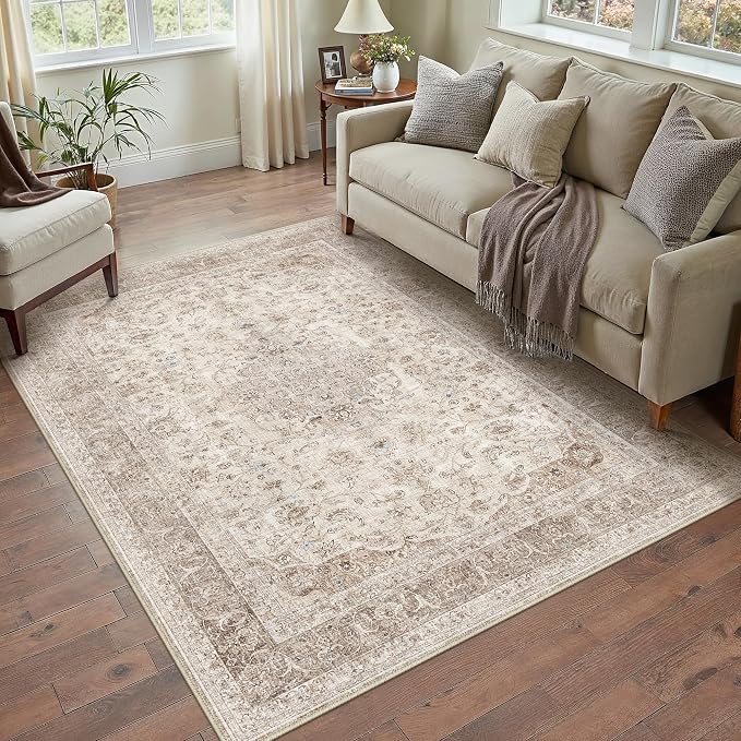 PureCozy 3x4 Washable Small Area Rug Beige Vintage Traditional Oriental | Non Slip, Soft Low Pile, Indoor Carpet for Entryway, Kitchen, Bathroom, Distressed Retro Decor