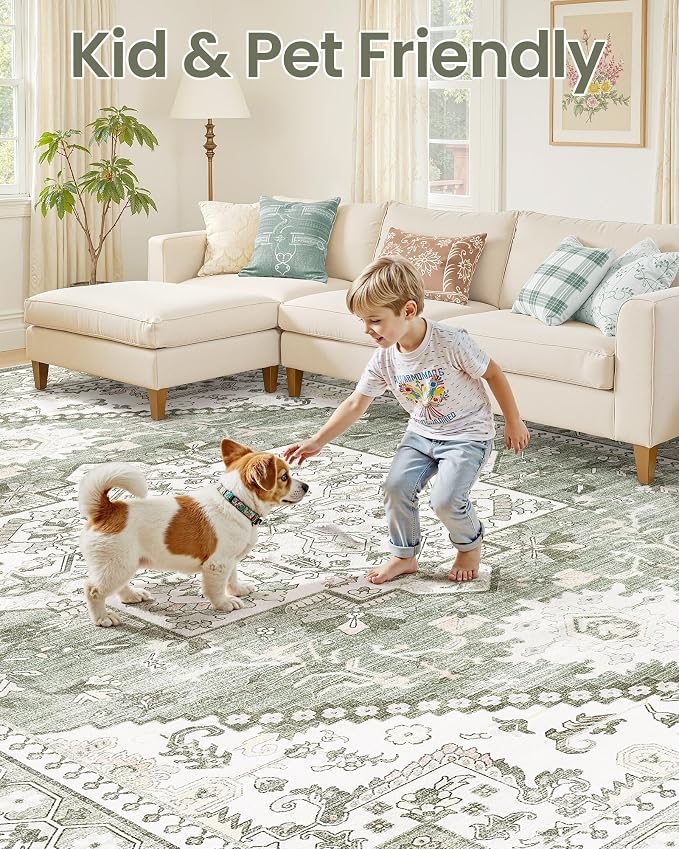 8ft Round Area Rug: Washable Vintage Neutral Soft Non Slip Thin Large Floor Carpet for Living Room Bedroom Kitchen Dining Room Home Office Farmhouse Indoor - Green