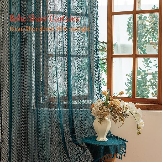 Sutuo Home Teal Boho Lace Curtains 72 inches long for Nursery Bedroom, Sheer Curtains Privacy Crochet Light Filtering Vintage Tassels Bohemian Strips Window Treatments Decor Rod Pocket, 2 Panels 50" W