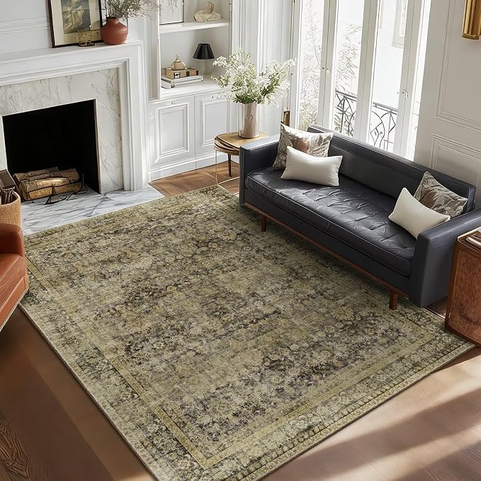 Boho Washable 5x7 Area Rugs for Living Room, Cushioned, Dark Green | Vintage Non-slip Rugs for Bedroom Dining Room Nursery Office, 0.3" Neutral Oriental Throw Thin Carpet, Dark Green/Multi