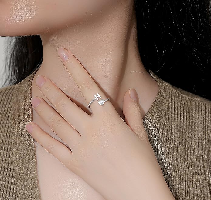 Step Forward 925 Sterling Silver Adjustable Initial Ring for Women | Non Tarnish Letter Rings for Lady | Alphabet Heart Thumb Rings | Capital Letter Jewelry Gifts