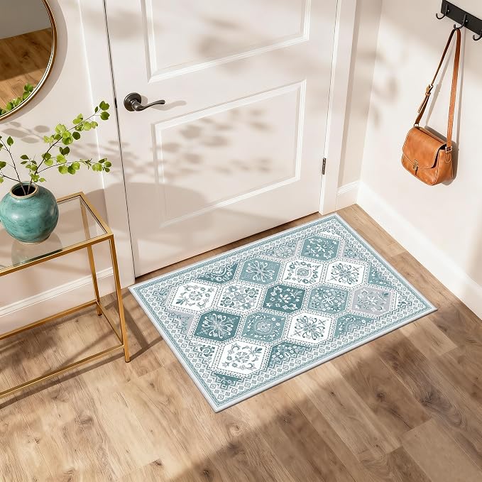 2x3 Washable Entryway Rugs, Soft Non-Slip Boho Moroccan Rug, Low-Pile Printed Indoor Teal Throw Rugs for Entrance, Kitchen, Bedroom Bedside- Teal | Soft Low-Pile Printed Indoor Teal Throw Rugs for Entrance, Kitchen, Bedroom Bedside