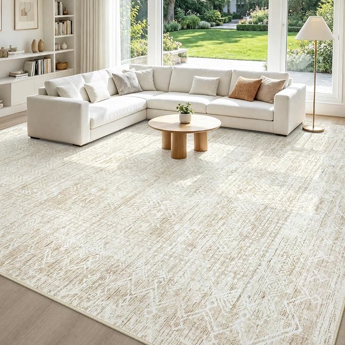8x10 Area Rug for Living Room, Washable Moroccan Geometric Rug Soft Non-Slip Rubber Vintage Boho Large Rug, Low Pile Farmhouse Carpet for Bedroom Dining Room Nursery Modern Office (Beige, 8'x10')
