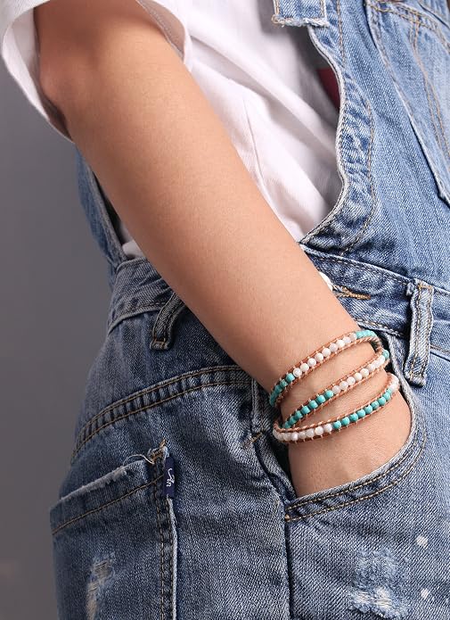 KELITCH Turquoise Beads Bracelets Leather 3 Wrap Bracelet Handmade Women Heart Jewelry
