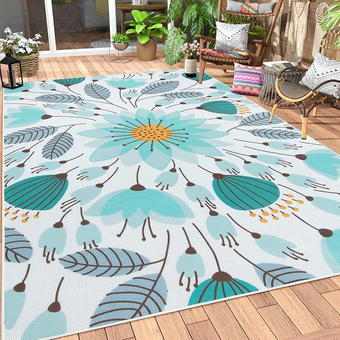 Lahome Floral Indoor Outdoor Rug 8x10, Non Slip Outdoor Patio Rug for Balcony Deck, Portable Large Outdoor Rugs for Camping Picnic Backyard, RV Mat Outdoor Carpet for Living Room Bedroom,Blue