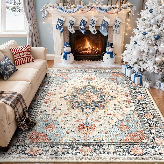 RELEANY Area Rugs 7'x9' Washable Non-Slip, Floral Vintage Distress Medallion Carpet for Living Room Bedroom Dining Room, Beige Navy Blue Orange Colorful