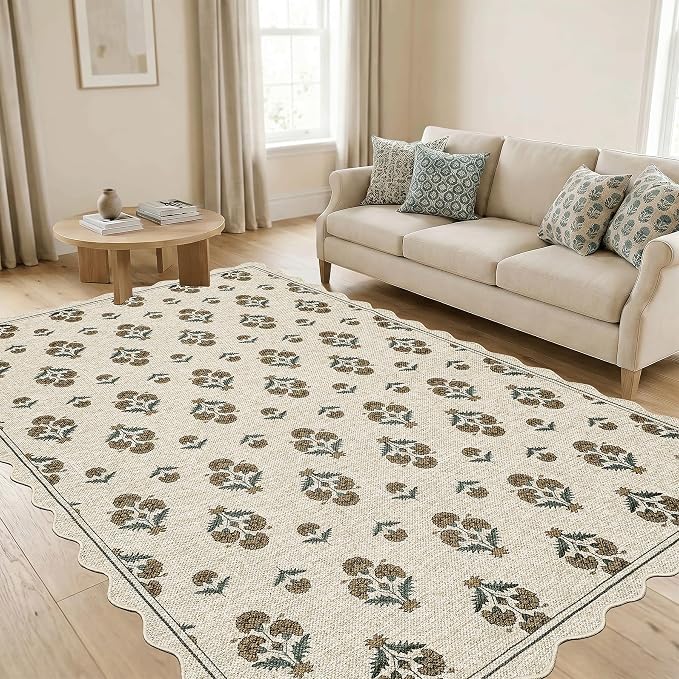 ORTIGIA Scalloped Easy Jute 5x7 Area Rug Vintage Yellow Block Floral Farmhouse Washable Rug Non-Slip Indoor Outdoor Carpet for Living Room Bedroom Patio Entryway